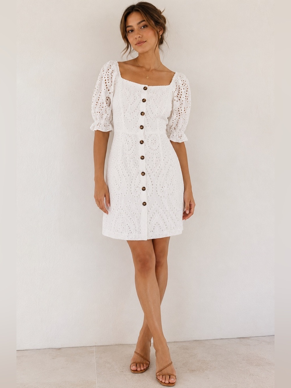 Lucy Paris White Eyelet Button-Front Mini Dress Size L